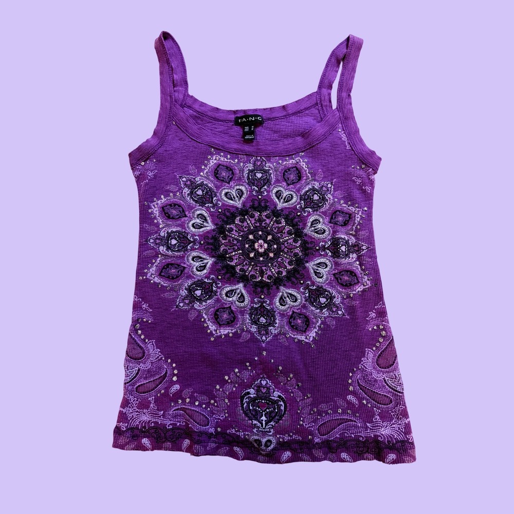 Y2K Fang Purple Glitter Ribbed Mandala Graphic Tank Top Boho Sleeveless #16